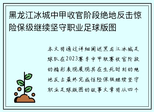 黑龙江冰城中甲收官阶段绝地反击惊险保级继续坚守职业足球版图
